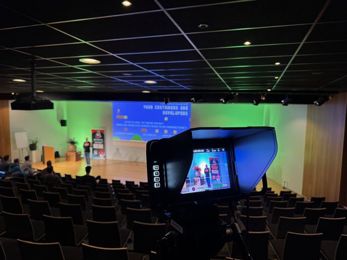 The Auditorium at Apenheul set up for APE XXL, with a camera rig at the back