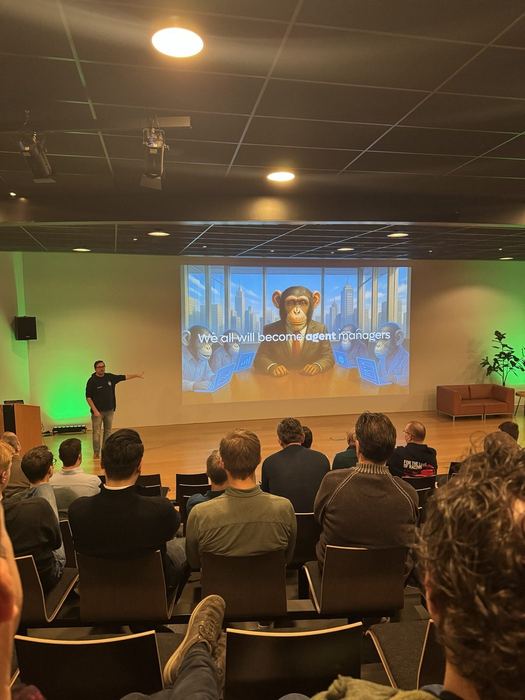 A session on AI agents, with a slide on engineers becoming agent managers